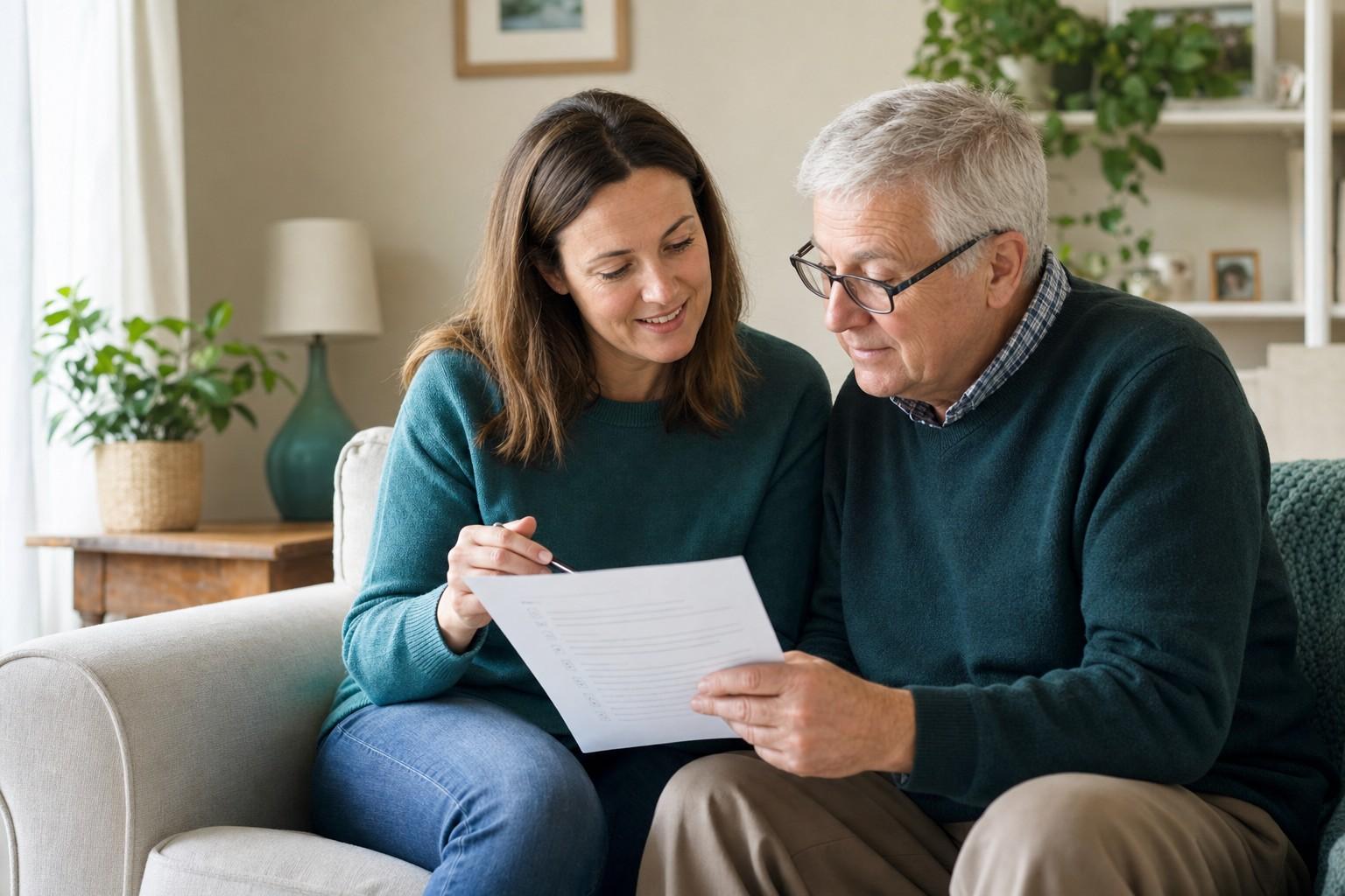 A carer and an older adult looking at a care checklist together at home